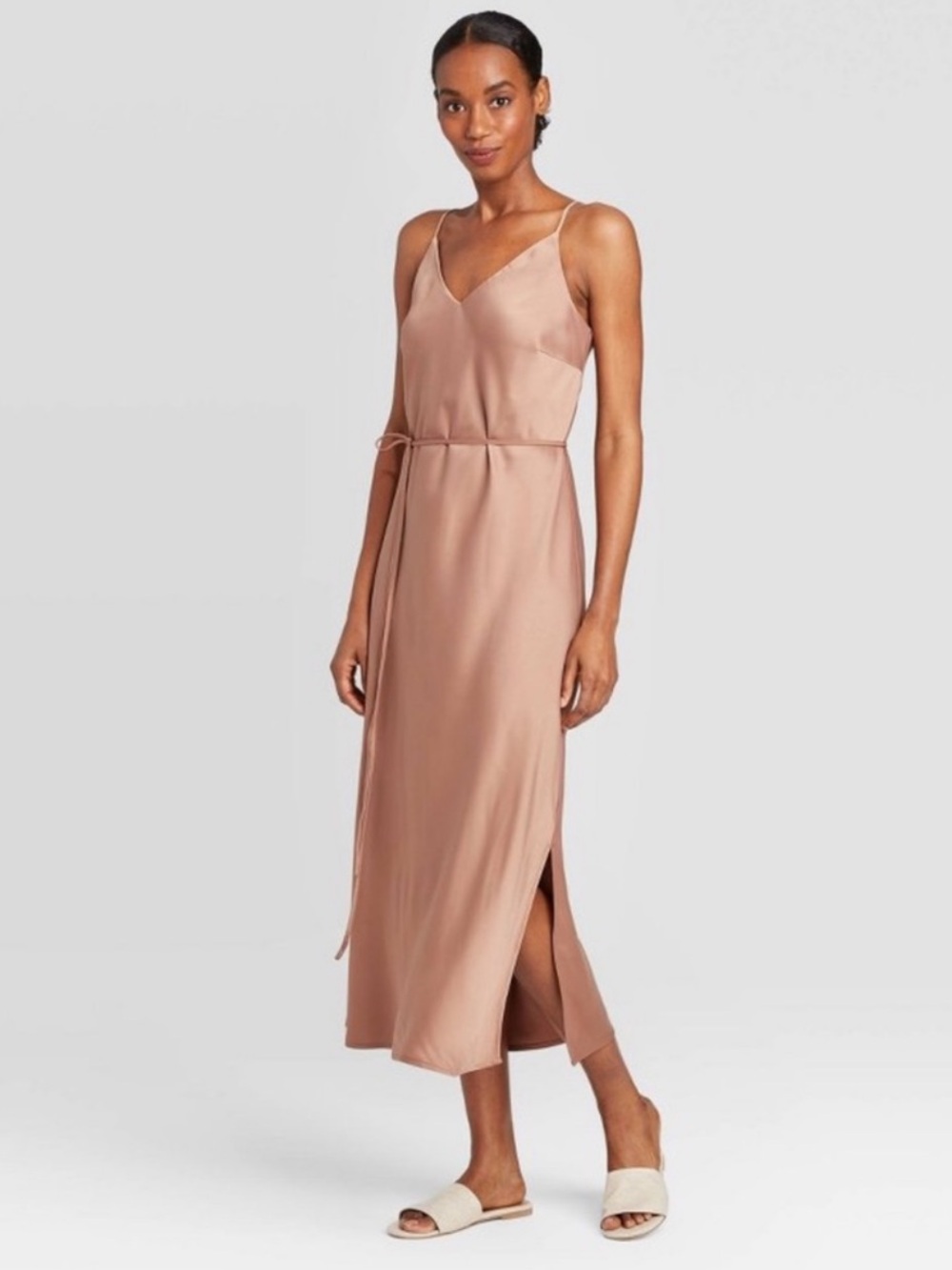 Rose Beige Satin Slip Midi Dress